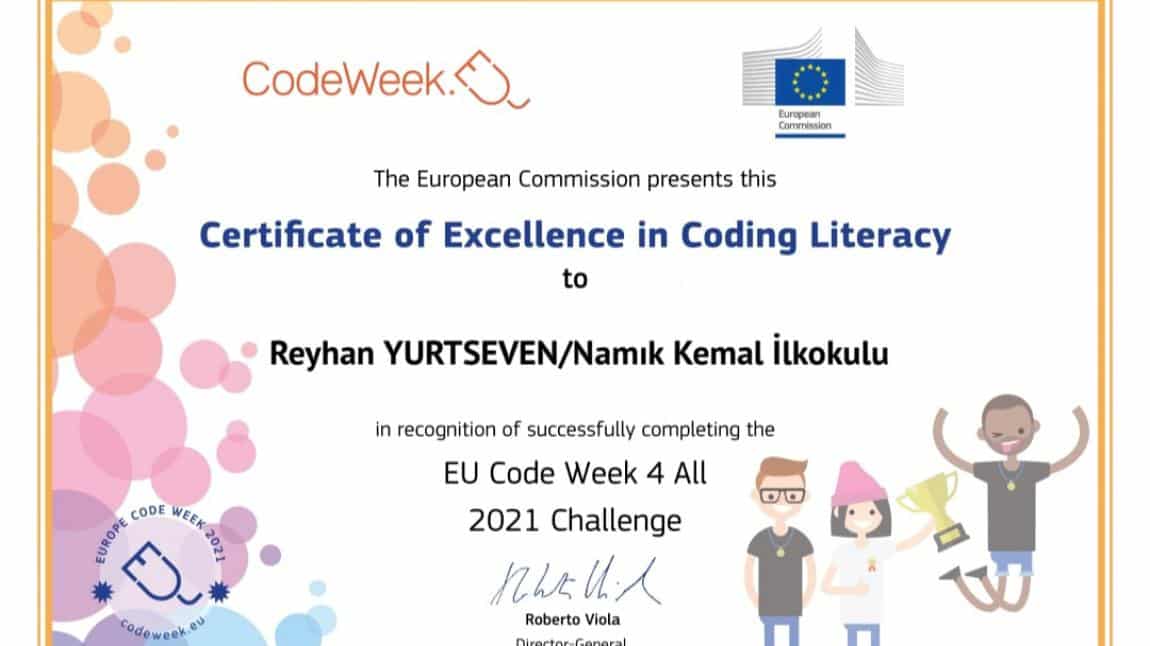  2/A Sınıfı öğrencileri öğretmenleri Reyhan YURTSEVEN ile Avrupa Kod Haftası Mükemmelik Sertifikası almaya hak kazandılar.